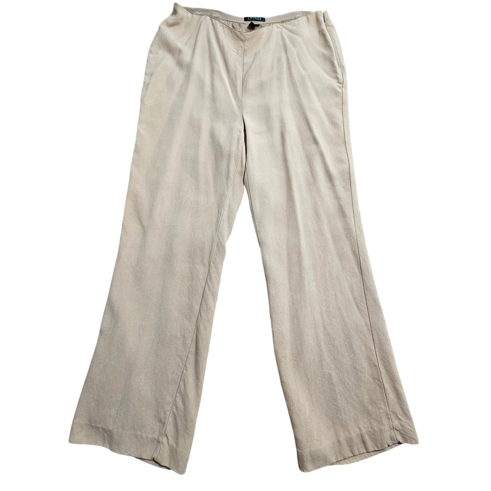 Lauren Ralph Lauren Pant Women 14W Tan Good 100% Silk Wide Leg Side Zip Trousers